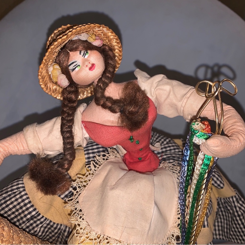 Hand made Vintage Klumpe Doll Spain Ruffled Dress “Farmer girl” with stand